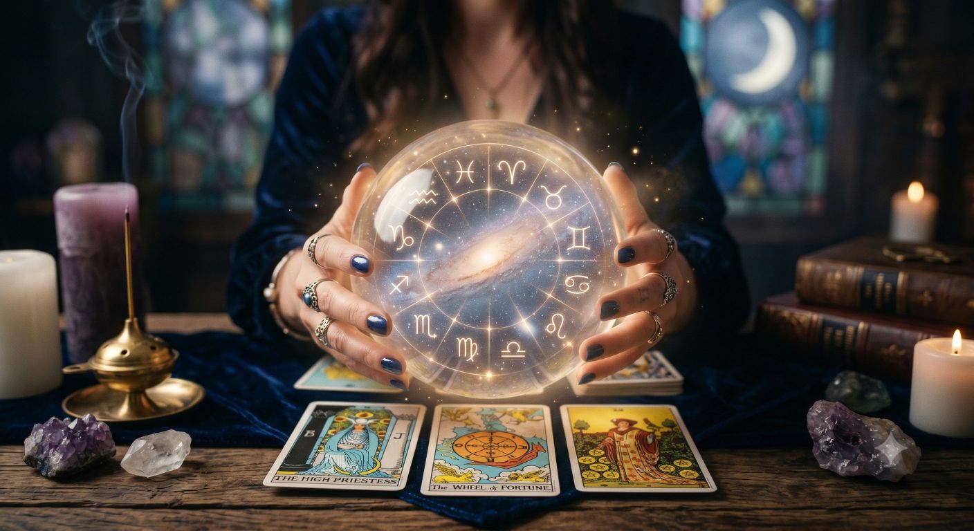 Rozkład kart tarota i kula z symbolami zodiaku